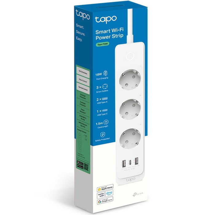 TP-Link Tapo P300 Regleta Inteligente Wi-Fi con 3 Tomas y 3 Puertos USB, Blanco